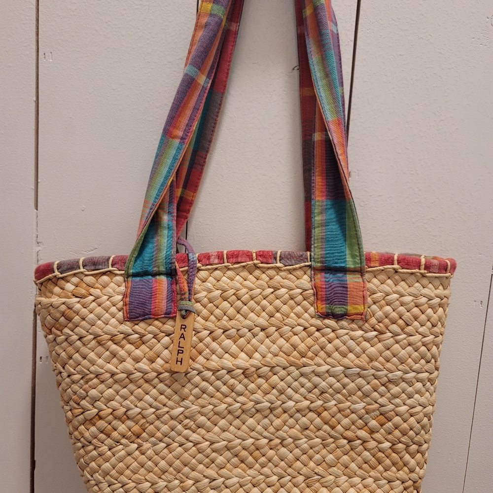 Ralph Lauren Rafia Plaid Beach Tote